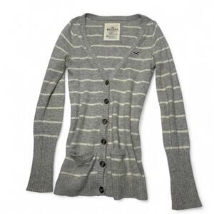 Hollister Vintage Striped Grey White Button Up Cardigan Front Pocket Size Medium
